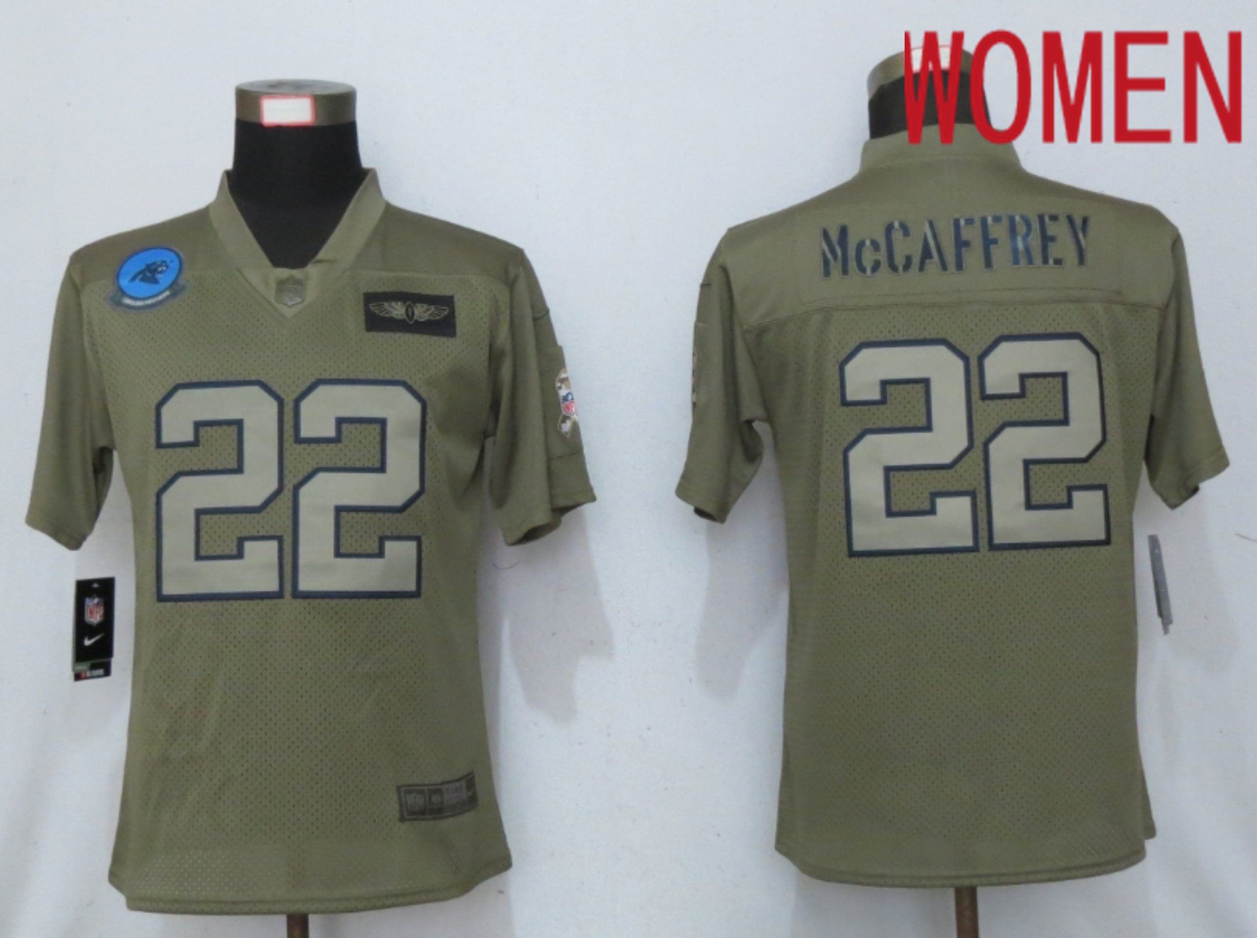 Women Carolina Panthers #22 McCaffrey Camo 2020 Salute to Service Elite Playe NFL Nike Jerseys